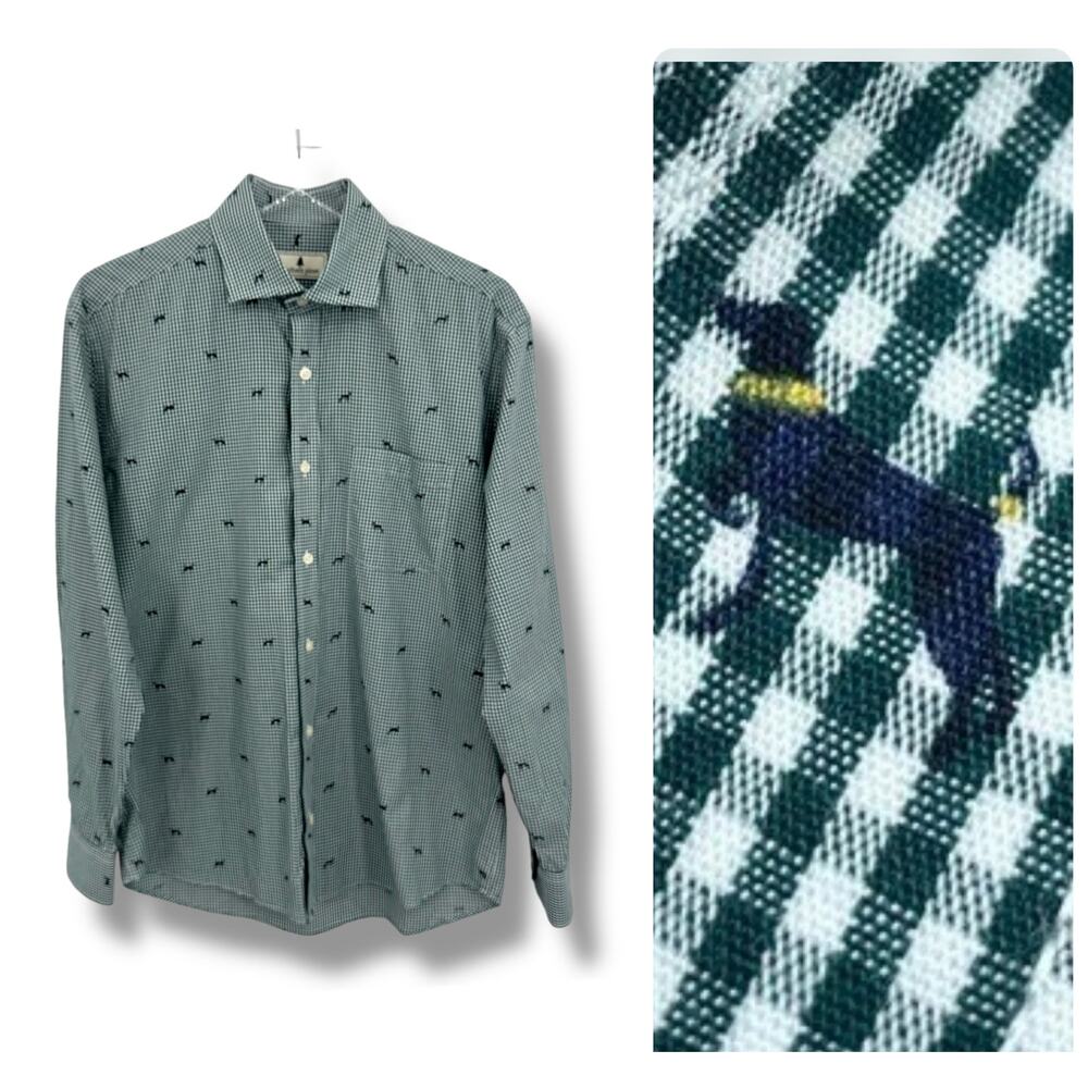 Southern Pines shirt men’s M button up green white gingham check dog print lab